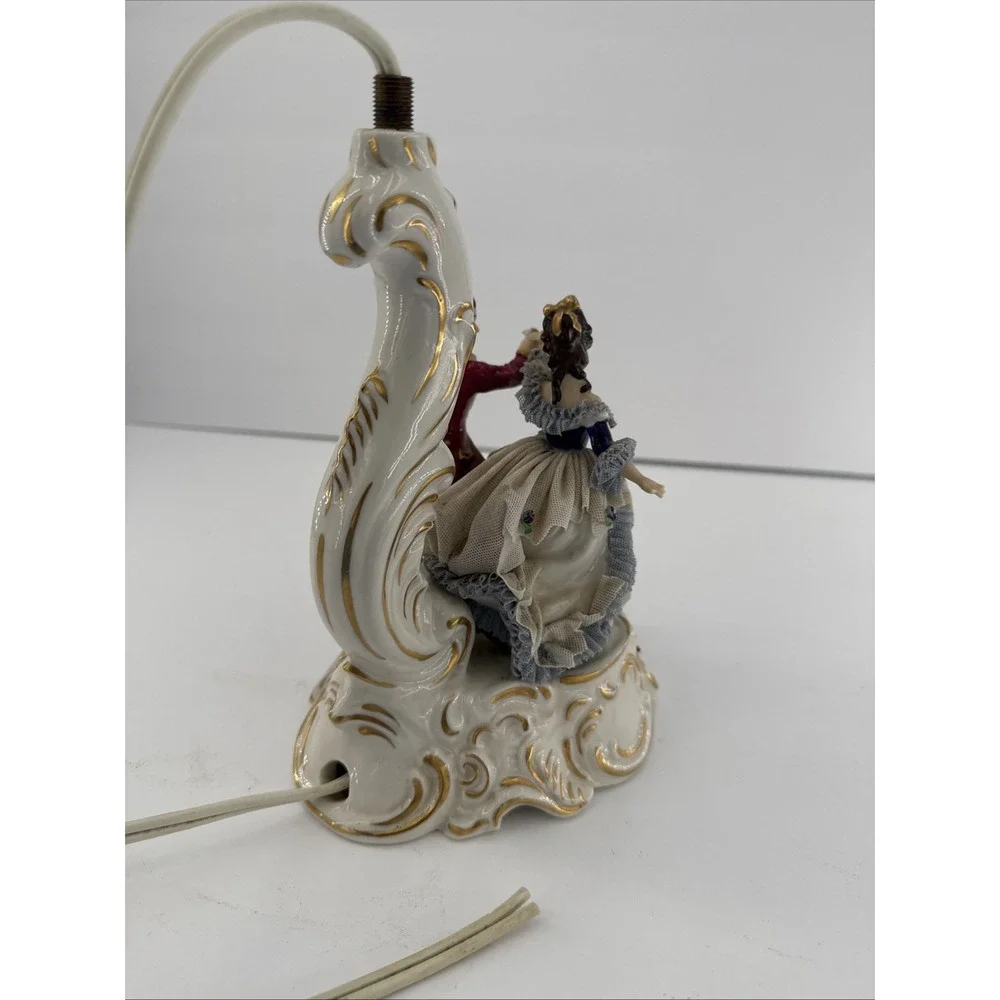 Pair VTG Unterweissbach Germany Porcelain Lace Courting Couple Lamps AS IS